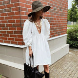 V Neck Sexy Black Dress Women Puff Sleeve A Line Ladies Dress High Waist Casual Elegant Autumn Winter White Dresses