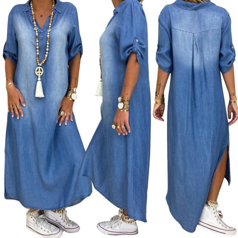 Denim Dress/Lapel Split  Long Maxi Jeans Dress