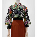 Chiffon Silk Blouses Bow Collar Lantern-sleeve Floral Print Shirts