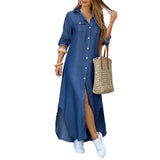 Denim Dress/Lapel Split  Long Maxi Jeans Dress