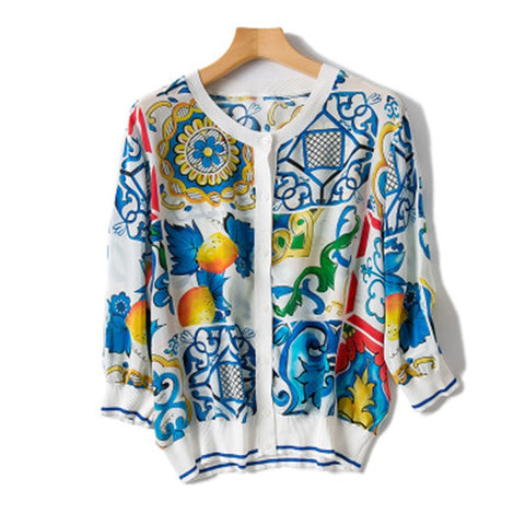 pure silk spliced women fashion printed thin shirt cardigan tees